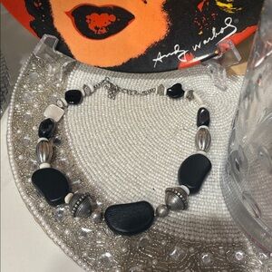 Statement Necklace Chunky Stone Black and Silver Beaded